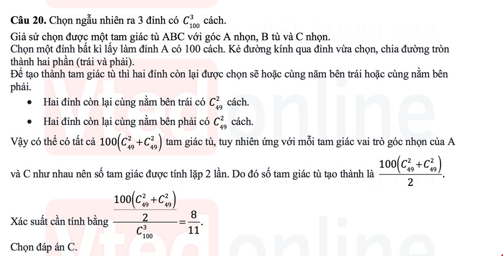 Tính Xác suất để 3 đỉnh được chọn là 3 đỉnh của một tam giác tù - Trích bài giảng và đề thi khoá PRO XMAX tại Vted.vn | Học toán online chất lượng cao 2024 | Vted