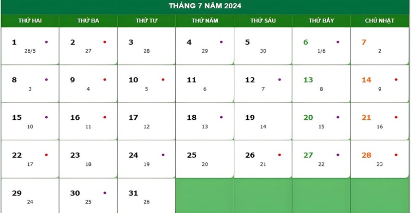 Lịch âm tháng 7 năm 2024: Ngày nào tốt, có ngày lễ gì?