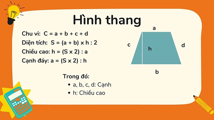 Công thức tính chu vi hình thang thường, vuông, cân & cách giải đơn giản