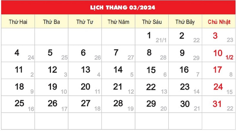 Thông tin lịch âm tháng 2 năm 2024 chi tiết nhất