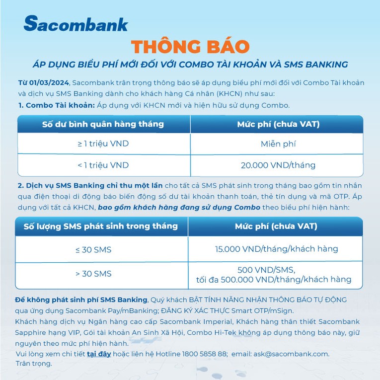 Sacombank và Eximbank thay đổi phí SMS Banking