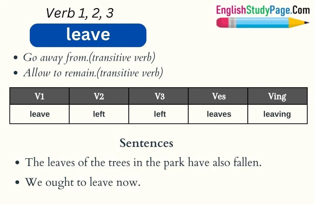 Leave Verb 1 2 3, Past and Past Participle Form Tense of Leave V1 V2 V3