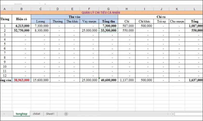 Mẫu bảng chi tiêu cá nhân Excel đơn giản, dễ quản lý