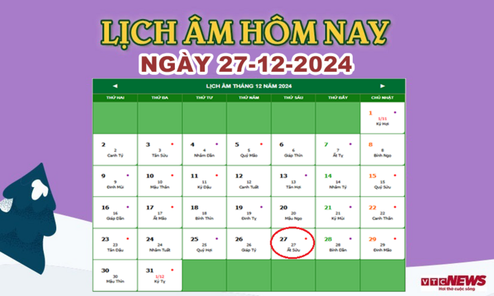 Lịch âm 27/12 - Âm lịch hôm nay 27/12 chính xác nhất - lịch vạn niên 27/12/2024